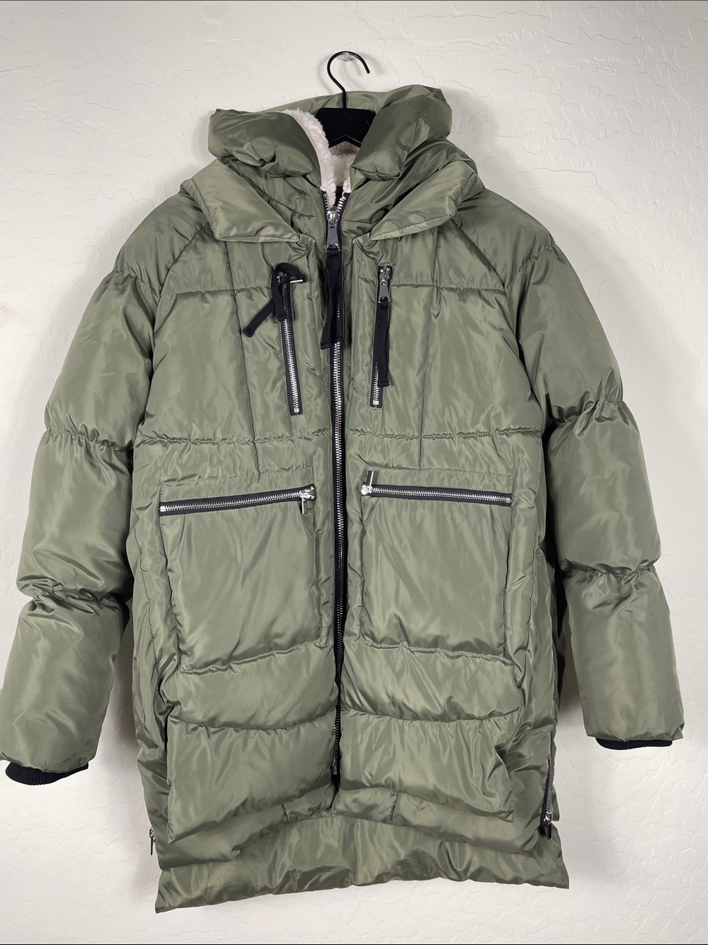 Avec Les Filles Olive Green Quilted Puffer Coat with Hood
